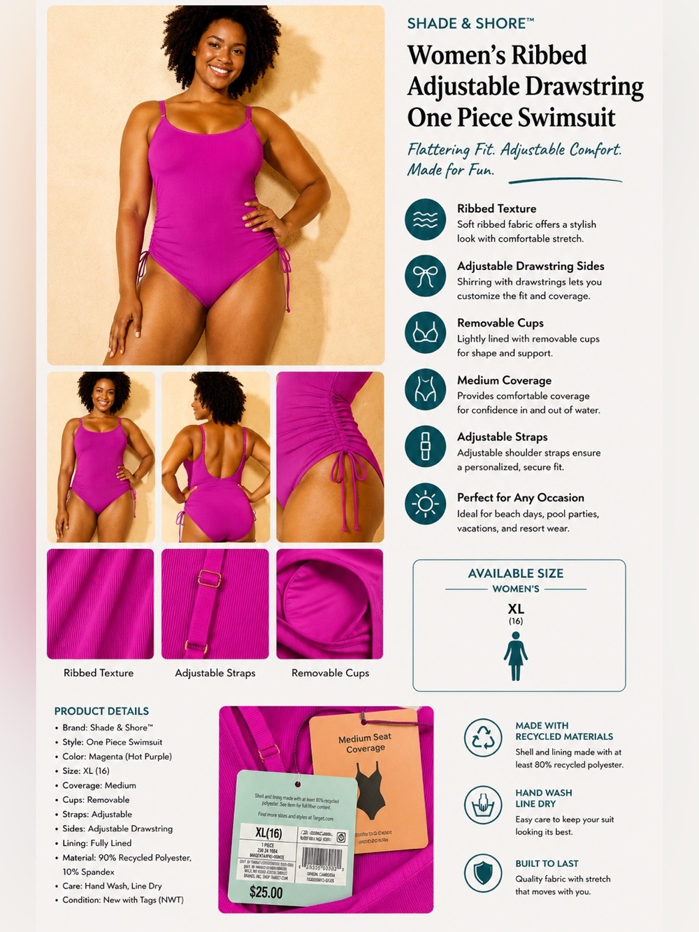 Shade & Shore Magenta Ribbed One-Piece Swimsuit with Drawstring Sides
